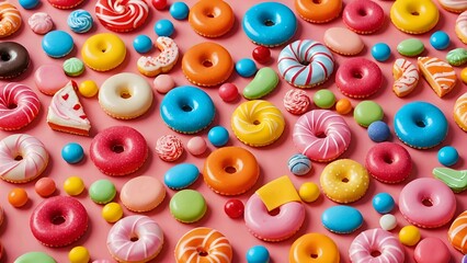 Fototapeta premium Vibrant colorful assortment of candy on pink background in playful arrangement