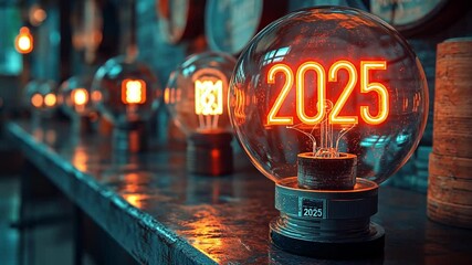 Decorative neon lights displaying the year 2025 in a vibrant indoor setting with stylish decor