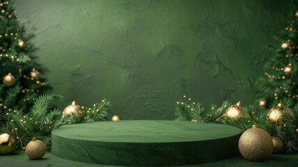 A green podium with Christmas decorations and a tree backdrop