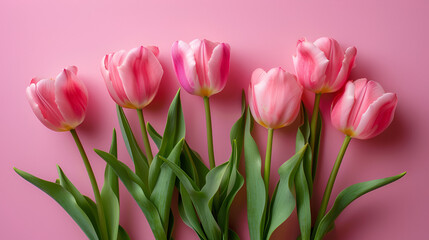 Fototapeta premium Beautiful arrangement of pink springtime flowers on a pink backdrop