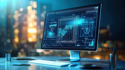 Fototapeta premium Construction CAD drawing on a computer monitor, with technical details and measurements visible, symbolizing precision engineering