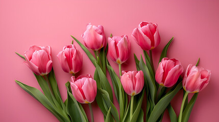Obraz premium Beautiful arrangement of pink springtime flowers on a pink backdrop