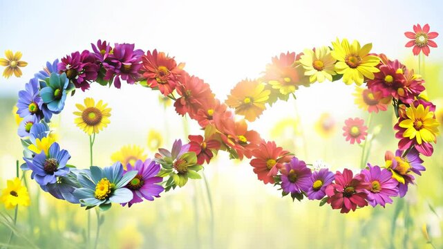 infinity symbol made of vibrant, multicolored flowers set against a sunny meadow, symbolizing the beauty of nature, eternity, and the cycle of life