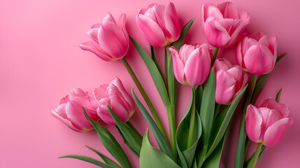 Obraz premium Beautiful arrangement of pink springtime flowers on a pink backdrop