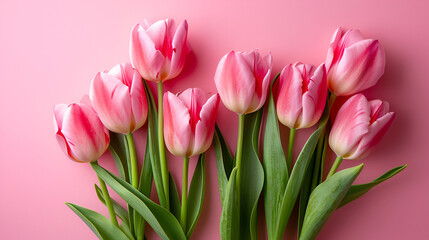 Fototapeta premium Beautiful arrangement of pink springtime flowers on a pink backdrop
