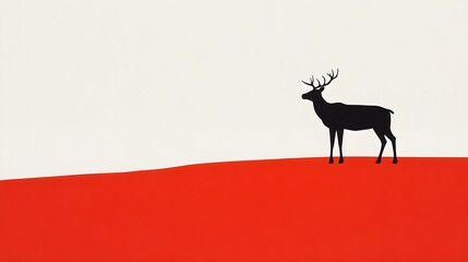 Black Reindeer Silhouette on Red Snowy Background