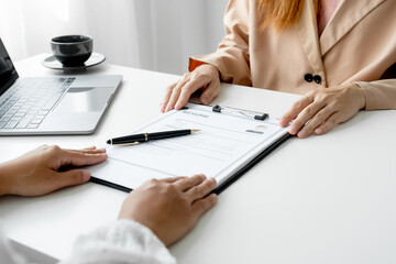 Business office executives interview job applicants employee in the meeting room