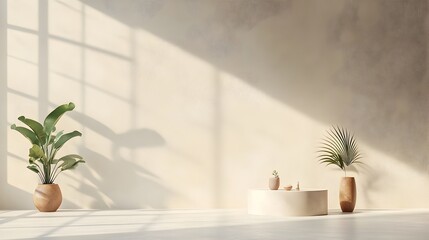 Bright and airy 3D studio environment with empty floor wall and minimalist product display podium  Shadow overlay from window lighting casting on the tabletop