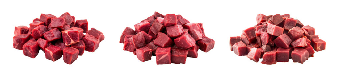 Obraz premium Raw beef meat cube piles isolated on transparent background, Cutout png