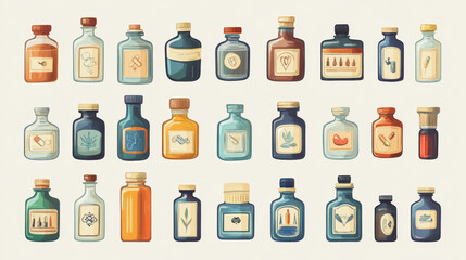 A set of medicine bottles with labels, representing a pharmacy or hospital. This image is about medication and the pharmacy industry.