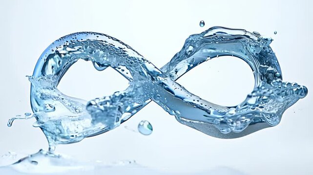 Water shaped into an infinity symbol, with droplets splashing against a white background.
