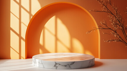 A 3D marble podium on a yellow background for product display.