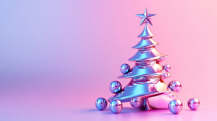 Futuristic metallic christmas tree with ornaments on a pink and blue gradient background