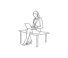 Fototapeta premium vector line art of a sitting woman working on a laptop in the office