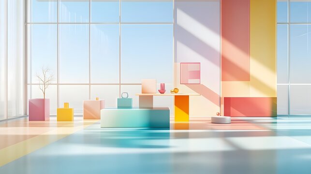 Captivating 3D studio scene featuring a vibrant color gradient backdrop transparent floor and walls and a central product plinth casting a cascading shadow across the naturally lit tabletop