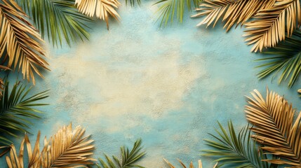 Palm Leaf Frame on Textured Blue Background