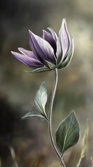 Fototapeta premium Purple Flower with Green Leaves - Delicate Floral Art