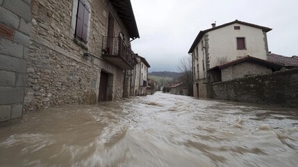 Floodwater: the sweeping surge inundating urban and rural terrains, dramatic impact of heavy rains and swollen rivers, challenges and resilience in the face of natural disasters.