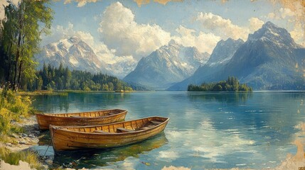Obraz premium Charming lake with rowboats and a mountain backdrop