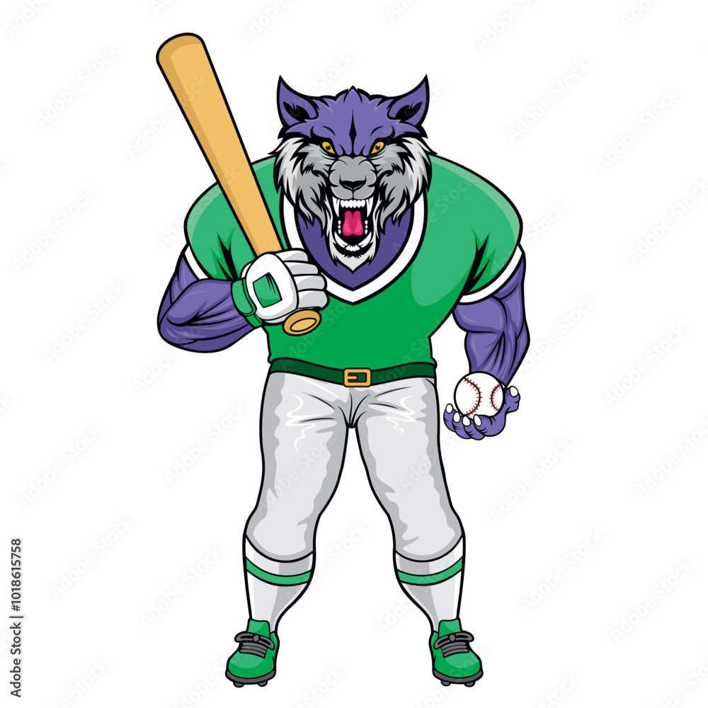 Sticker baseball mascot wolf vector illustration baseball character design