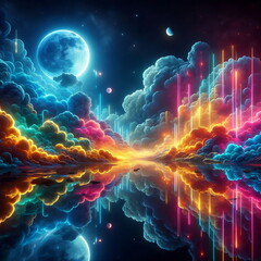 Vibrant Neon Horizon: Moonlit Sky and Ocean Waves – Art Print, Music Album Cover , Nature Background
