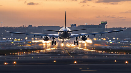 Commercial Airplane Landing on Lit Runway at Sunset

