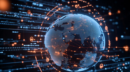Fototapeta premium A Futuristic Globe Surrounded by Digital Connections Representing Global Technology and Innovation