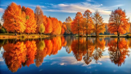 autumn landscape with lake and bright orange trees