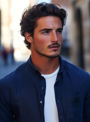 Obraz premium attractive Italian man with wavy hair, wearing a dark blue button-up shirt and a white t-shirt underneath, standing outside in the city