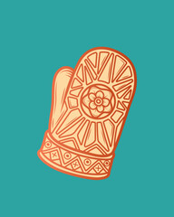 Winter mitten with a pattern and a flower. Original vector illustration in vintage style. T-shirt design.