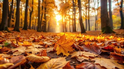 Autumn leaves on ground in forest reflected in water