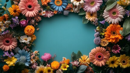 A colorful flower arrangement with a blue background. The flowers are of various colors and sizes, and they are arranged in a circular pattern. Scene is cheerful and vibrant