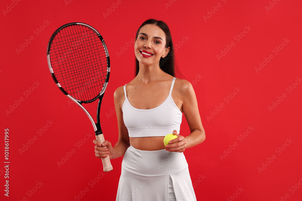 Poster Happy tennis player with racket and ball on red background