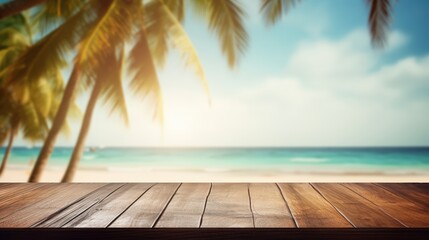 Wooden table top with blurred background of beach and palm trees at sunset. summer vacation concep