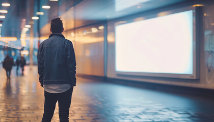 Fototapeta premium Urban Night Life: Man Walking in Modern City Tunnel with Neon Lights and Billboard