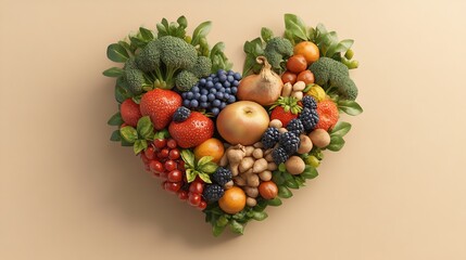 Watercolor style heart made of various fruits and vegetables, Creative Nutrition Art, artistic and healthconscious design