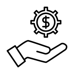 Minimalist vector of a hand offering services, with a gear and dollar symbol representing financial services.