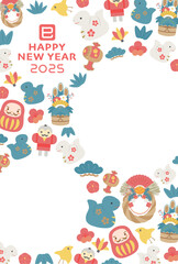 2025年巳年　縁起物のフォトフレーム年賀状テンプレート
