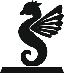 Simple black silhouette of a mythical hippocampus standing on a pedestal, an elegant design element