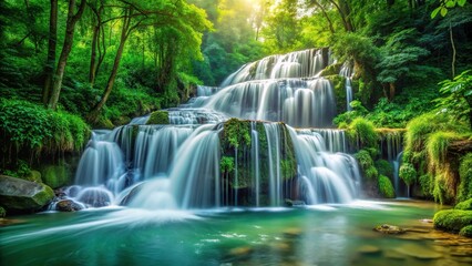 Fototapeta premium Background featuring a cascading waterfall in a lush green forest - Extreme Close-Up