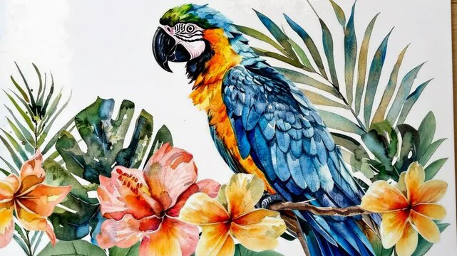A watercolor painting depicts a blue and yellow parrot perched on a branch surrounded by tropical flowers and foliage