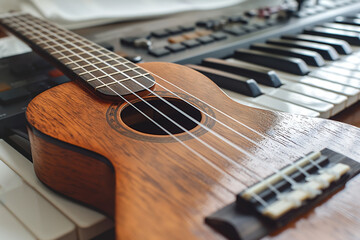 Fototapeta premium CloseUp of Acoustic Ukulele and Electronic Keyboard in Music Studio