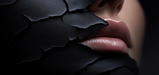 Close-up of lips partially covered by cracked black surface, dramatic and artistic.