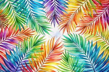 Fototapeta premium Background of multicolored palm tree leaves in watercolor