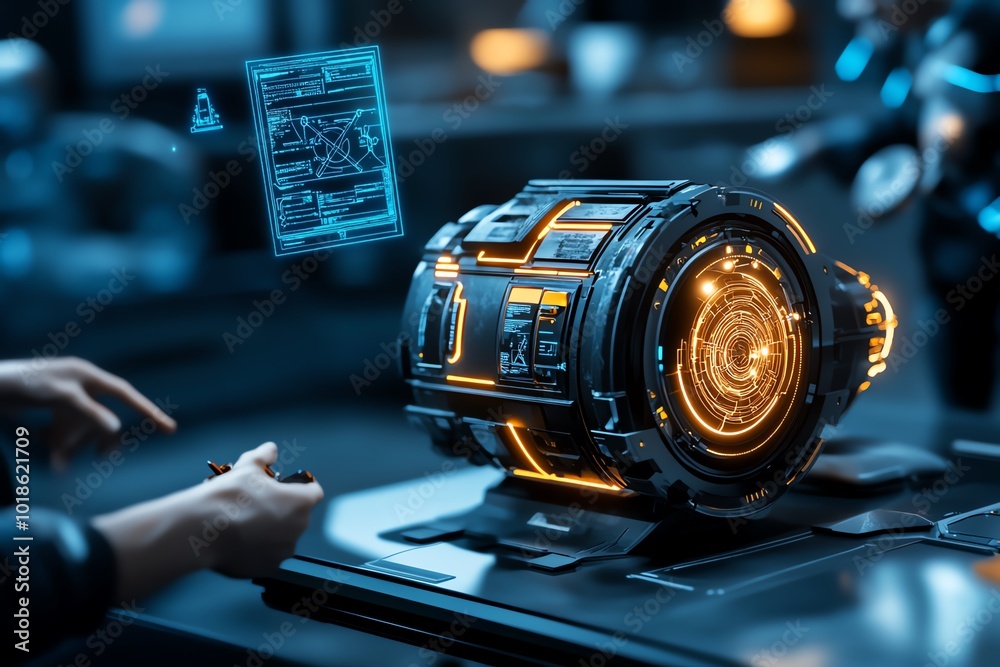 Poster Fantasy scene of a glowing alien device being reverse engineered, with scientists studying its mysterious technology while holographic diagrams float in the air