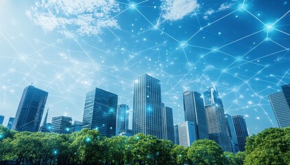 Obraz premium A wide-angle shot of the city skyline, with network connections and data streams symbolizing global connectivity, under a blue sky In front is an urban office building Generative AI