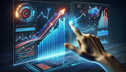 A hand engages with futuristic holographic graphics and data analysis, representing advanced technology and data interaction.
