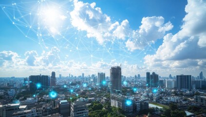 a modern cityscape with a blue sky and white clouds In the foreground, interconnected nodes symbolize global network technology, representing connectivity and digital connections between Generative AI