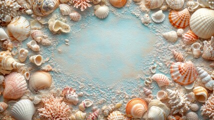 Obraz premium Seashells and Coral Arranged Around Blue Background