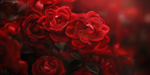 Naklejka premium Vibrant Red Roses in Bloom Captured with Soft Focus and Dramatic Lighting
